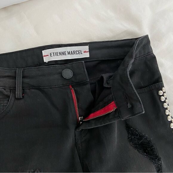 Etienne Marcel Black Distressed Studded Skinny Jeans Size 26 Punk Grunge Rock - Picture 10 of 13